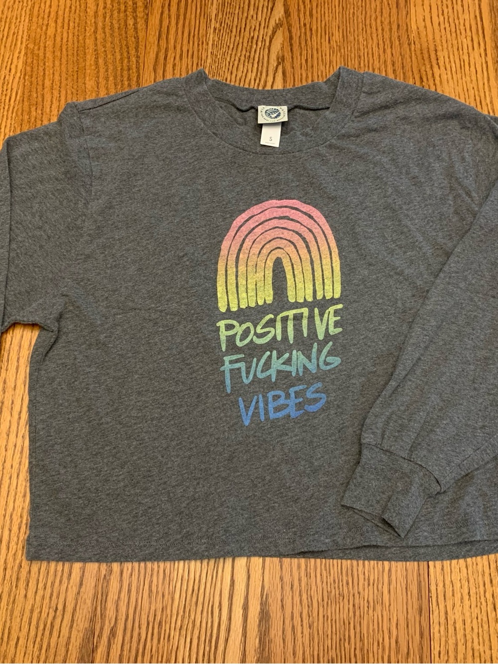 Gray Long-Sleeve Tee with Pastel Rainbow "Positive Vibes" Rainbow Graphic